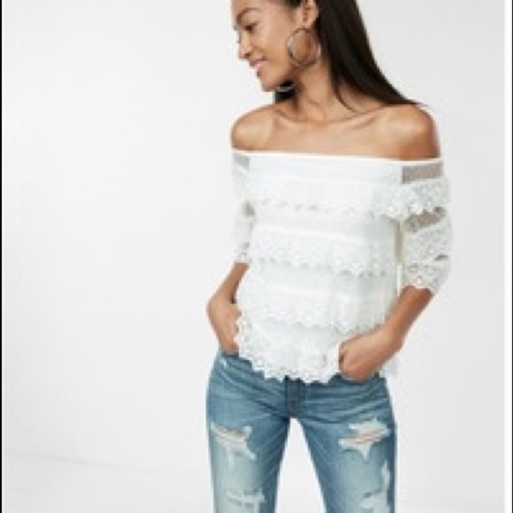 Express Ivory Lace Off the Shoulder Top
